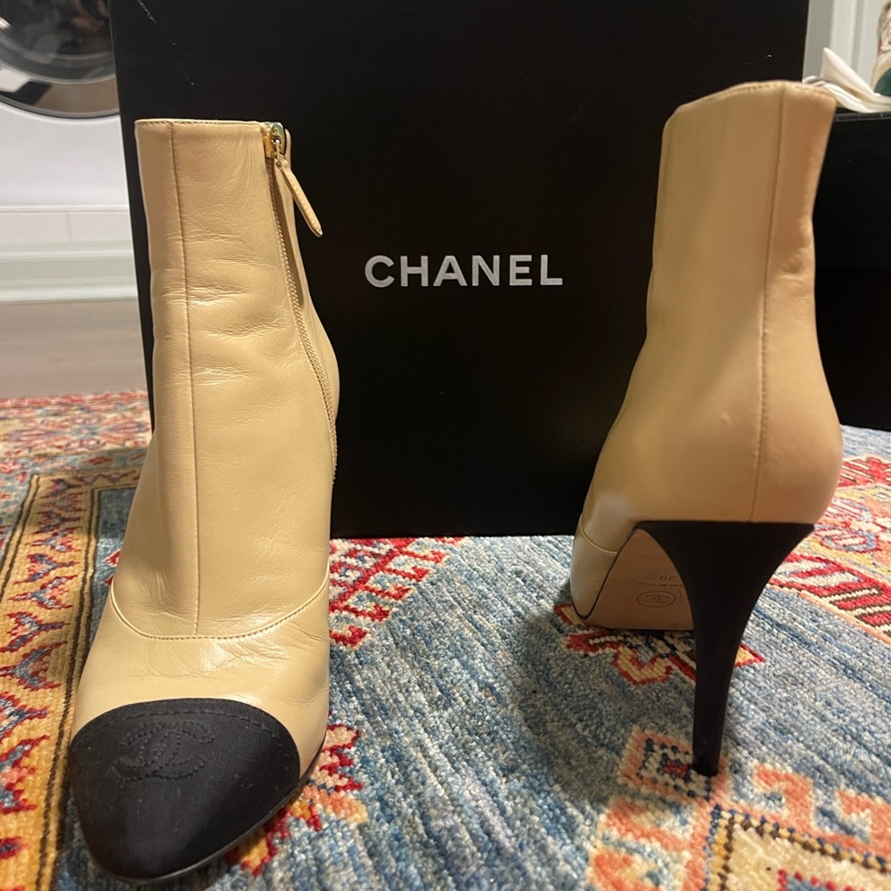 Chanel Short Boot - lamb skin / two tone beige and black